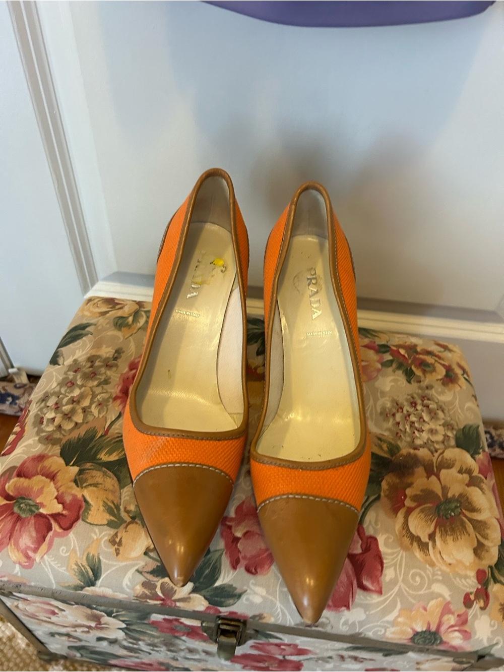Prada Orange and Tan Pointed-Toe Pumps Vintage - Picture 5 of 10